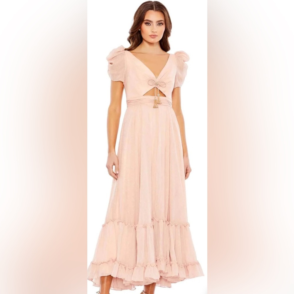 NWT MacDuggal Tea Length Tiered Pink Metallic Sparkle Puff Sleeve Dress - Sz 6